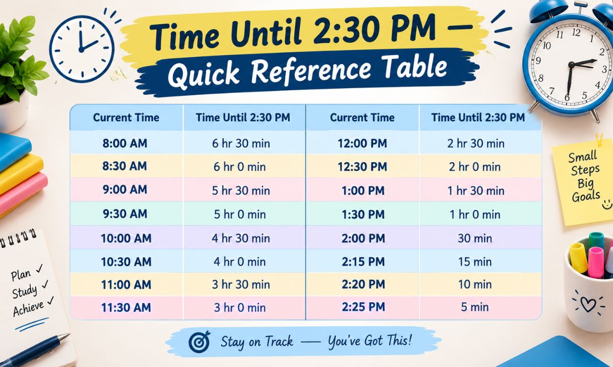 Time Until 230 PM — Quick Reference Table
